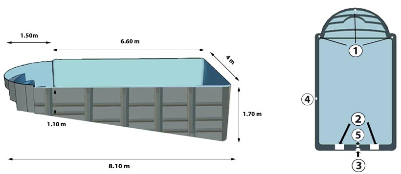 Piscine coque polyester Padang vues du dessus et de côté Piscine coque polyester Padang vues du dessus et de côté